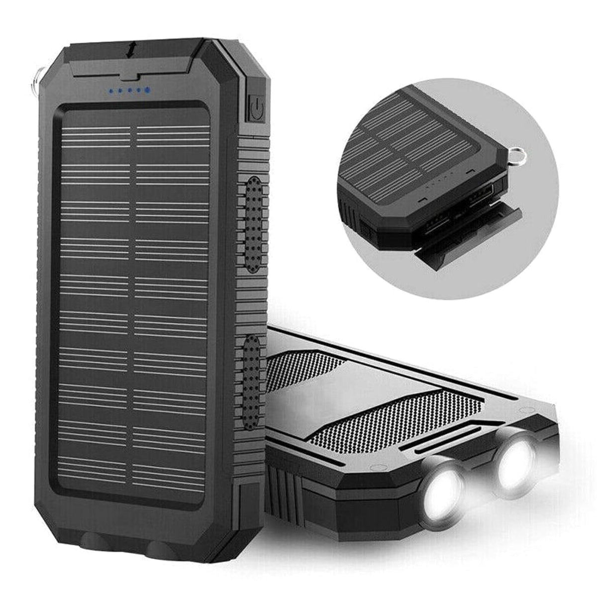 Solar-powerbank met dubbele USB-poorten, led-zaklamp en IP44-waterbestendigheid