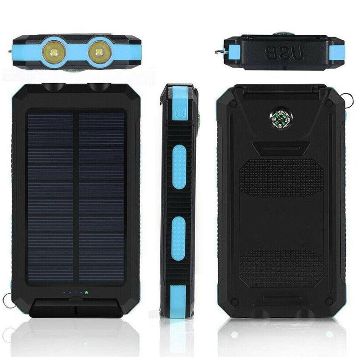 Cargador solar portátil con doble puerto USB, linterna LED y resistencia al agua IP44