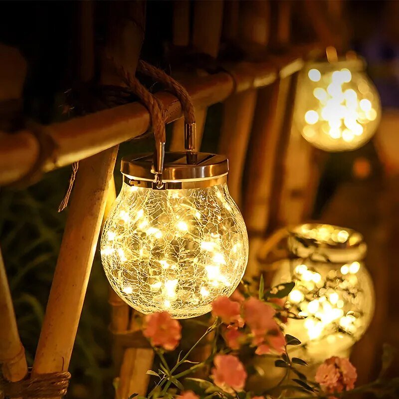 Outdoor Crackled Glass Solar Lantern with Auto Dusk Sensor & LED Light for Garden, Patio, Pathway & Porch Decor | Thomler