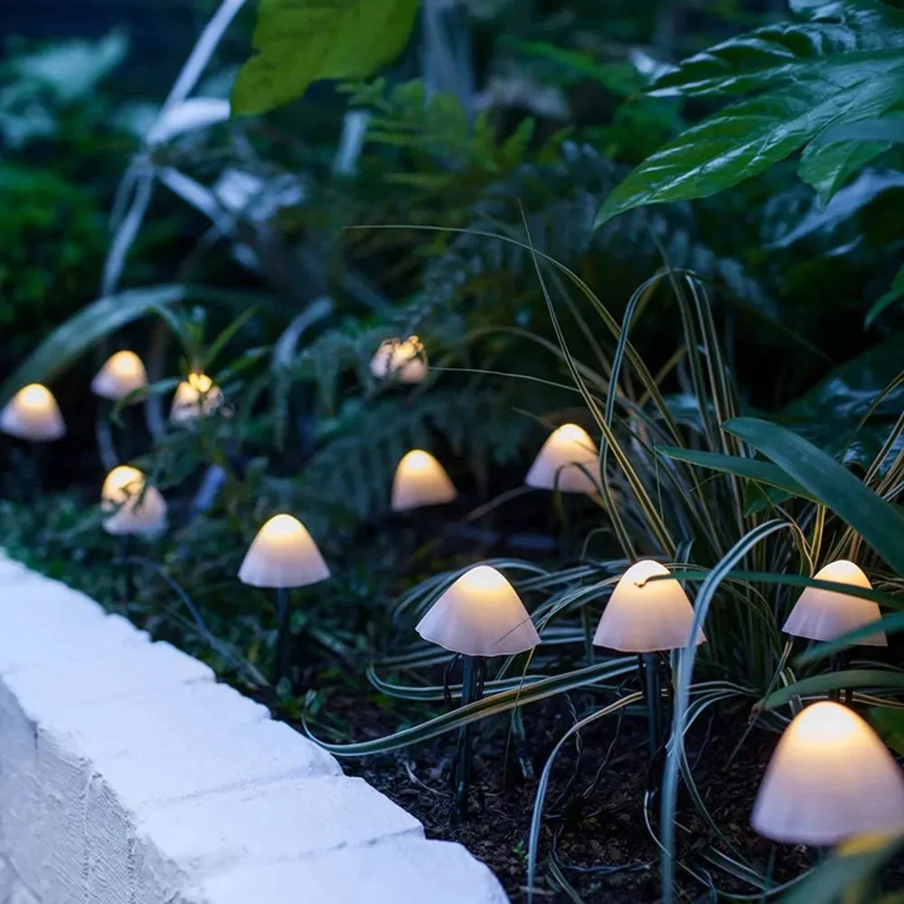 Whimsical Mushroom Solar LED Pathway Stakes 10-Pack PVC Waterproof Lights Automatic Dusk-to-Dawn Sensor Garden Patio Decor | Thomler