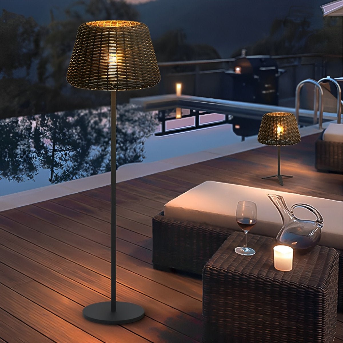 Woven Standing Patio Light 69 in Tall Weatherproof Warm White LED Solar or Plug-in Outdoor Garden Torch for Deck Poolside Terrace | Thomler