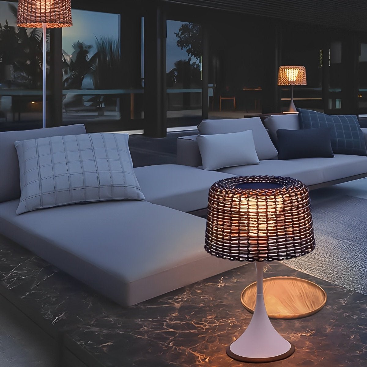 Woven Standing Patio Light 69 in Tall Weatherproof Warm White LED Solar or Plug-in Outdoor Garden Torch for Deck Poolside Terrace | Thomler