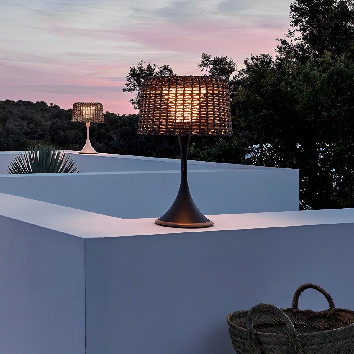 Woven Standing Patio Light 69 in Tall Weatherproof Warm White LED Solar or Plug-in Outdoor Garden Torch for Deck Poolside Terrace | Thomler