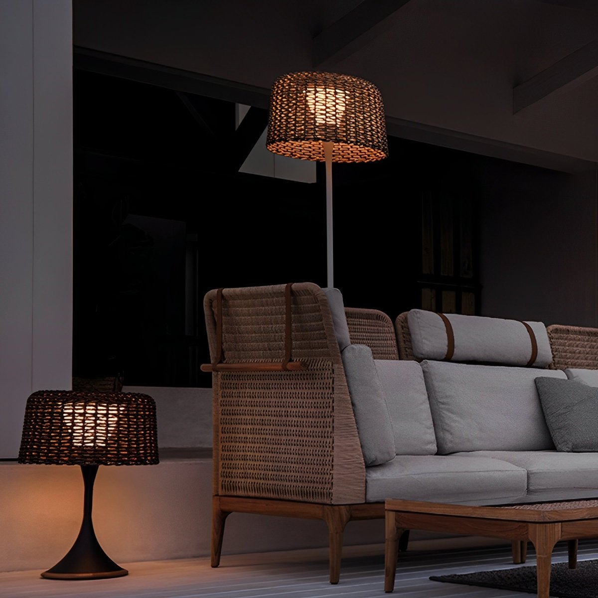 Woven Standing Patio Light 69 in Tall Weatherproof Warm White LED Solar or Plug-in Outdoor Garden Torch for Deck Poolside Terrace | Thomler