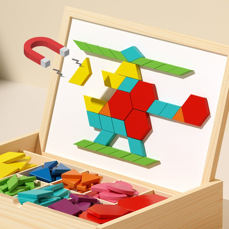 Wooden Magnetic Pattern Puzzle Game for Kids – 180 or 220 Colorful Shape Tiles with Design Cards – STEM Learning Toy for Creativity & Logic | Thomler