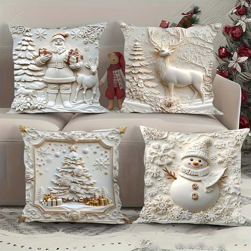 Set van 4 feestelijke kussenhoezen - Decoratieve kerstkussenslopen met ontwerpen van de kerstman, sneeuwman, boom & rendier voor op de bank, sofa, bed | Thomler