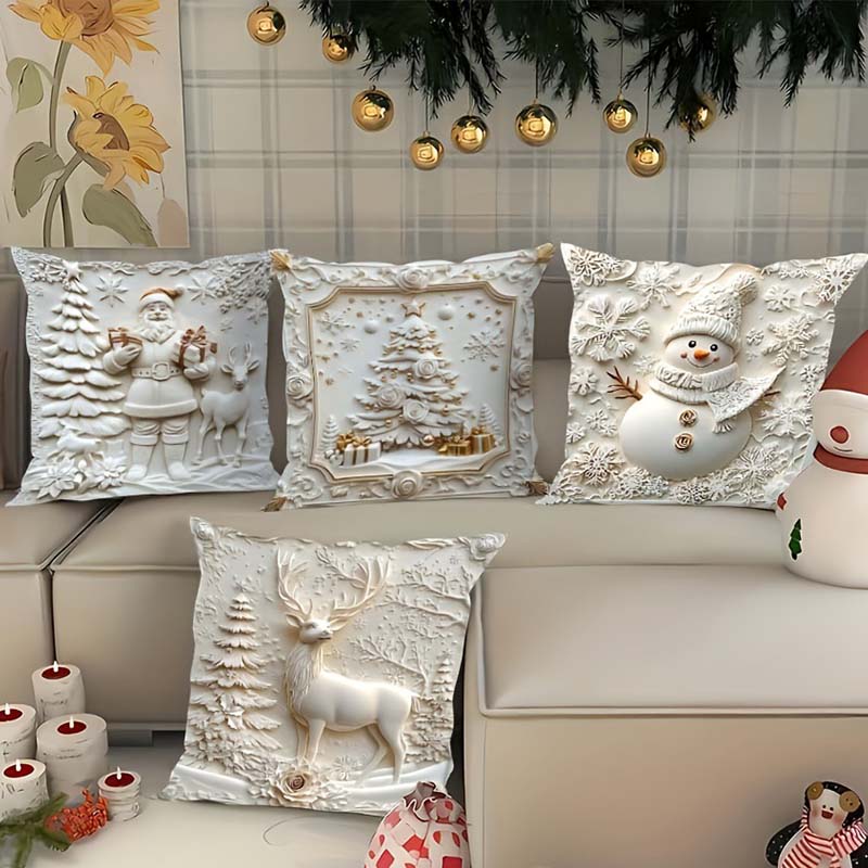 Set van 4 feestelijke kussenhoezen - Decoratieve kerstkussenslopen met ontwerpen van de kerstman, sneeuwman, boom & rendier voor op de bank, sofa, bed | Thomler