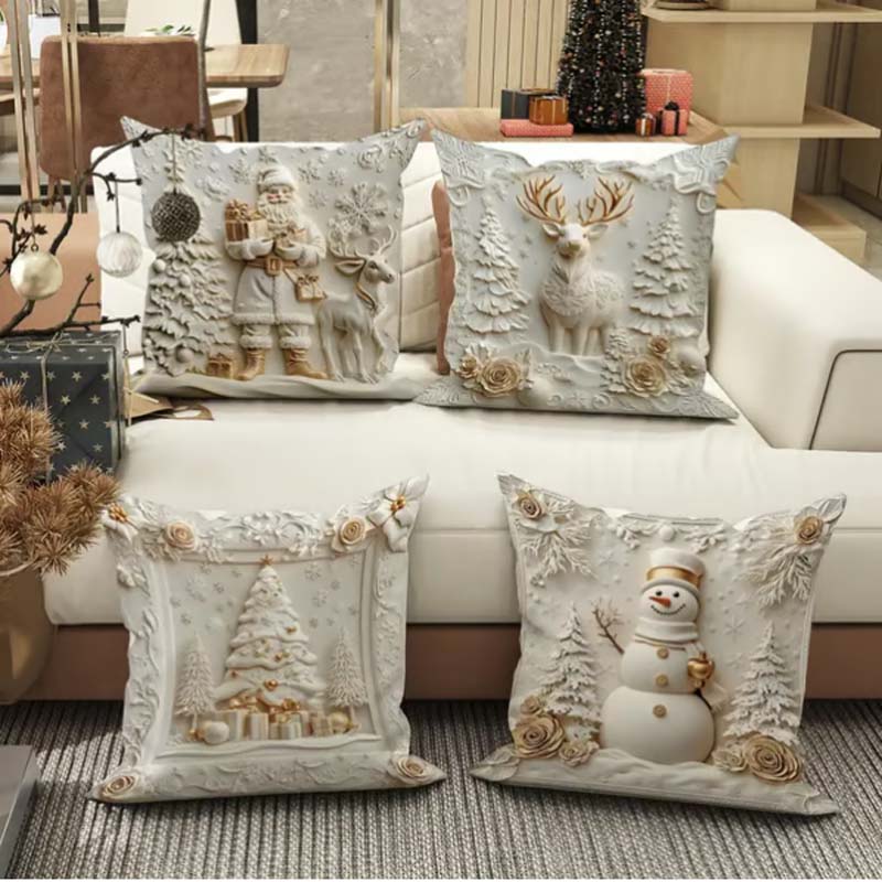Set van 4 feestelijke kussenhoezen - Decoratieve kerstkussenslopen met ontwerpen van de kerstman, sneeuwman, boom & rendier voor op de bank, sofa, bed | Thomler