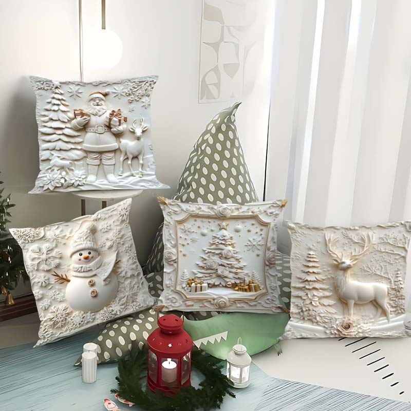 Set van 4 feestelijke kussenhoezen - Decoratieve kerstkussenslopen met ontwerpen van de kerstman, sneeuwman, boom & rendier voor op de bank, sofa, bed | Thomler