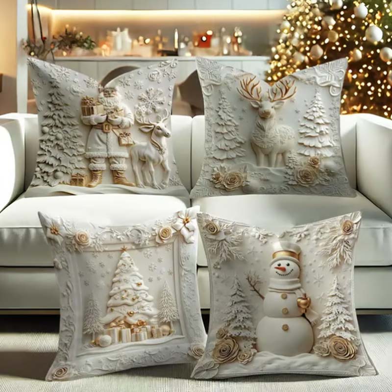 Set van 4 feestelijke kussenhoezen - Decoratieve kerstkussenslopen met ontwerpen van de kerstman, sneeuwman, boom & rendier voor op de bank, sofa, bed | Thomler
