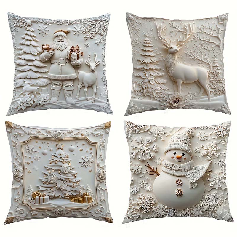 Set van 4 feestelijke kussenhoezen - Decoratieve kerstkussenslopen met ontwerpen van de kerstman, sneeuwman, boom & rendier voor op de bank, sofa, bed | Thomler