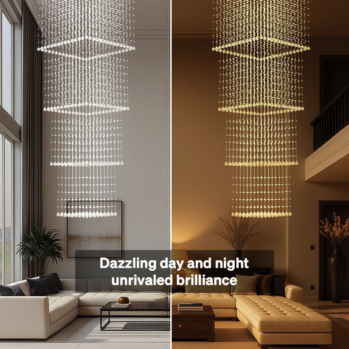 Tiered Raindrop Chandelier for High Ceilings | Stainless Steel Square Frame | GU10 LED Foyer Staircase Lighting | Chrome Finish Multi-Level | Thomler