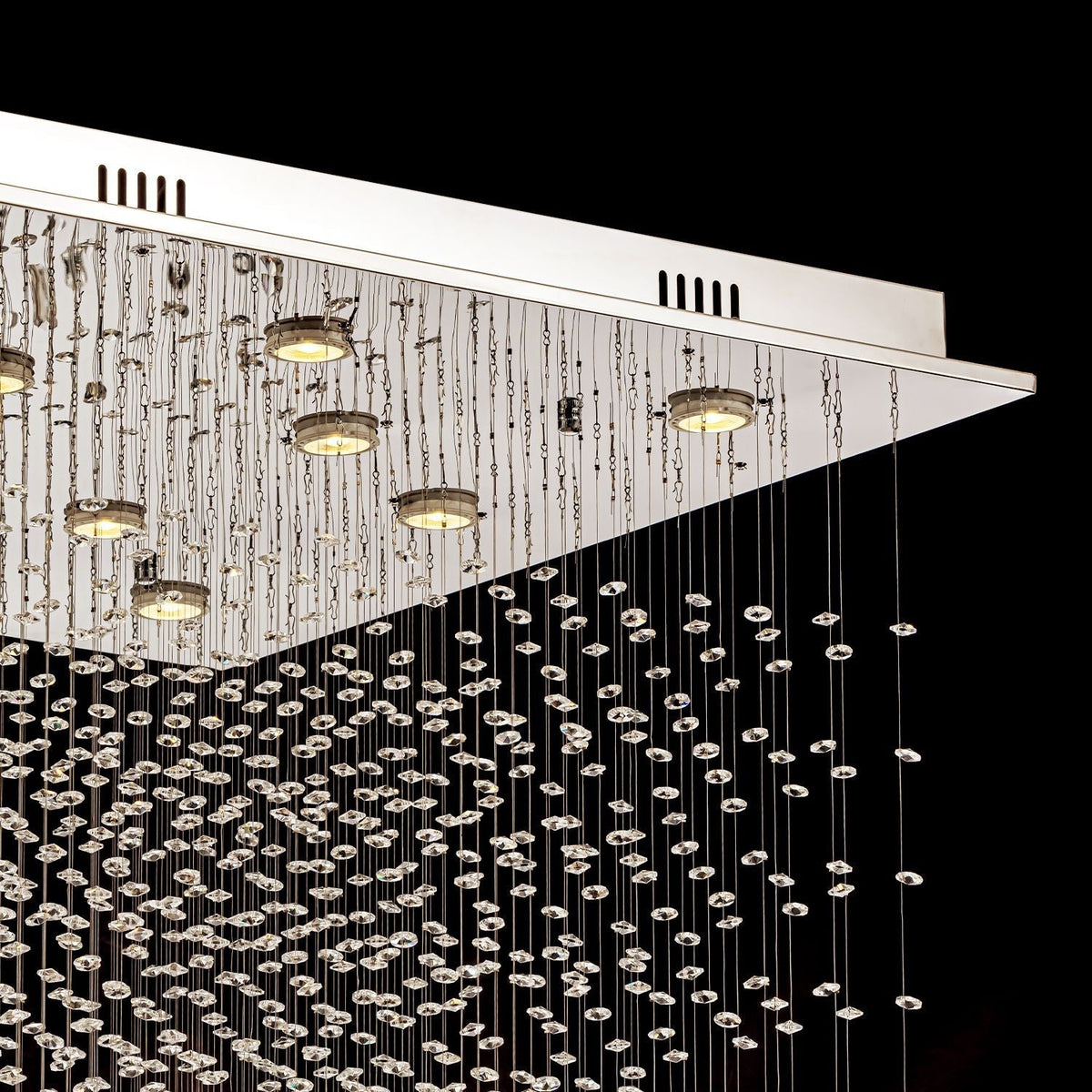 Tiered Raindrop Chandelier for High Ceilings | Stainless Steel Square Frame | GU10 LED Foyer Staircase Lighting | Chrome Finish Multi-Level | Thomler
