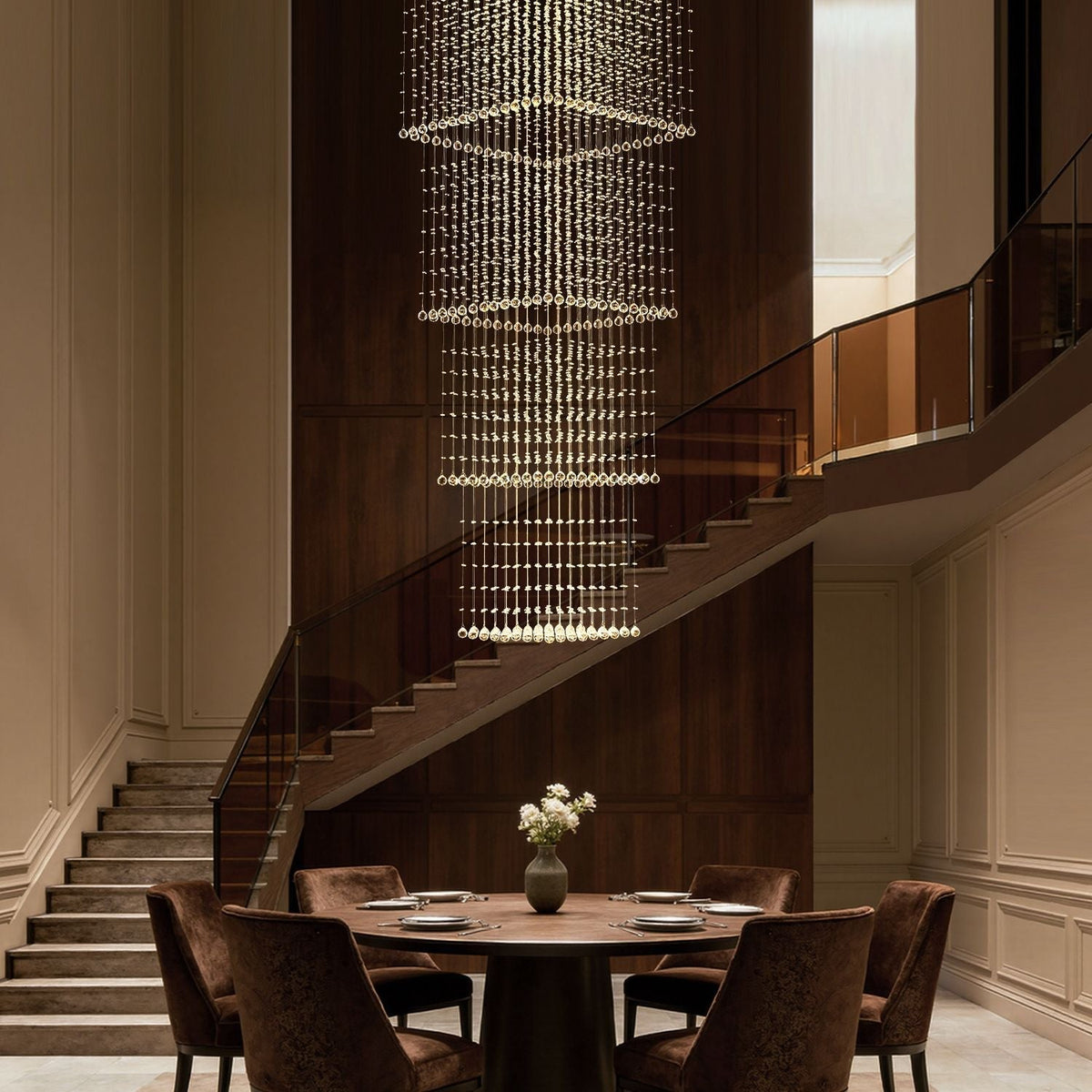 Tiered Raindrop Chandelier for High Ceilings | Stainless Steel Square Frame | GU10 LED Foyer Staircase Lighting | Chrome Finish Multi-Level | Thomler