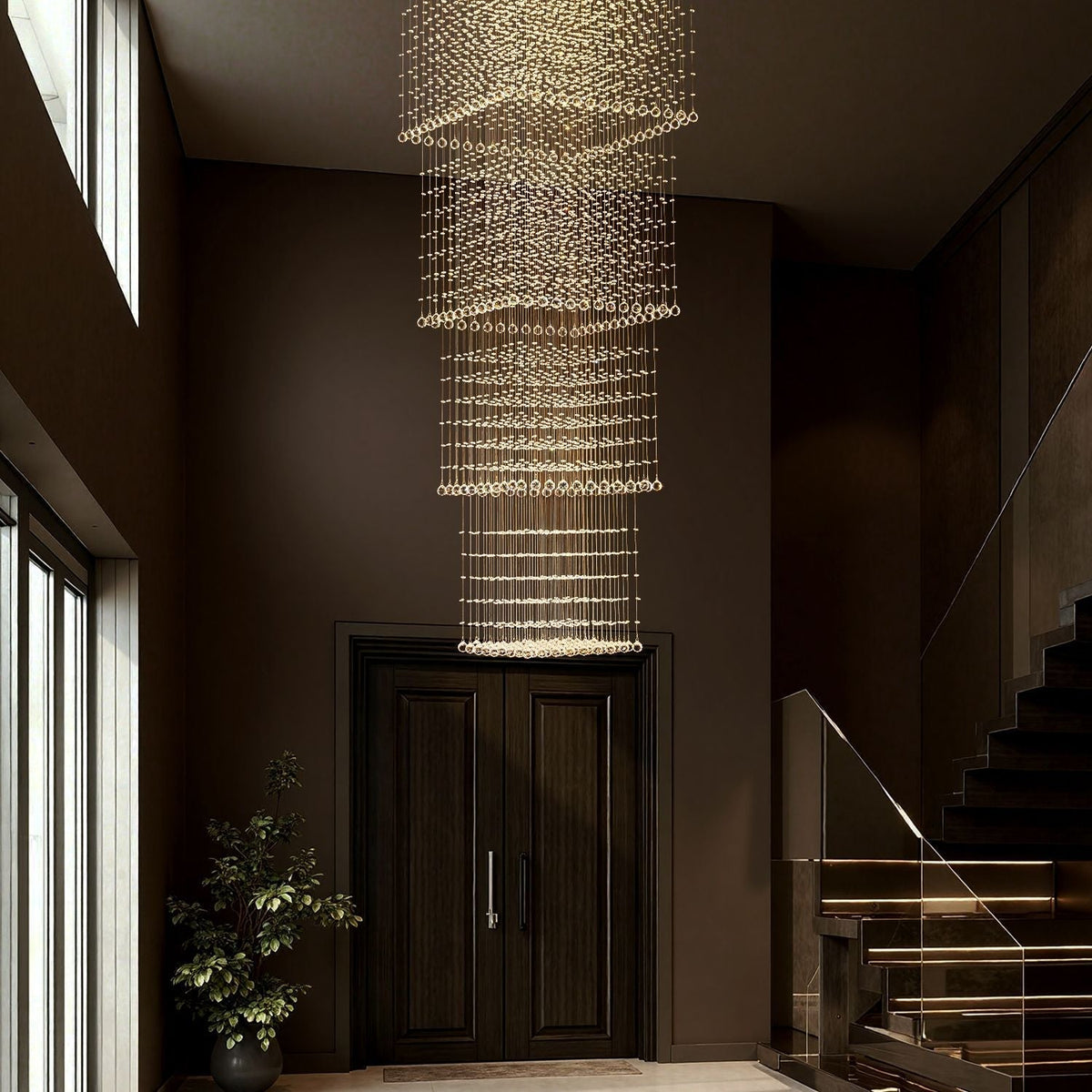 Tiered Raindrop Chandelier for High Ceilings | Stainless Steel Square Frame | GU10 LED Foyer Staircase Lighting | Chrome Finish Multi-Level | Thomler