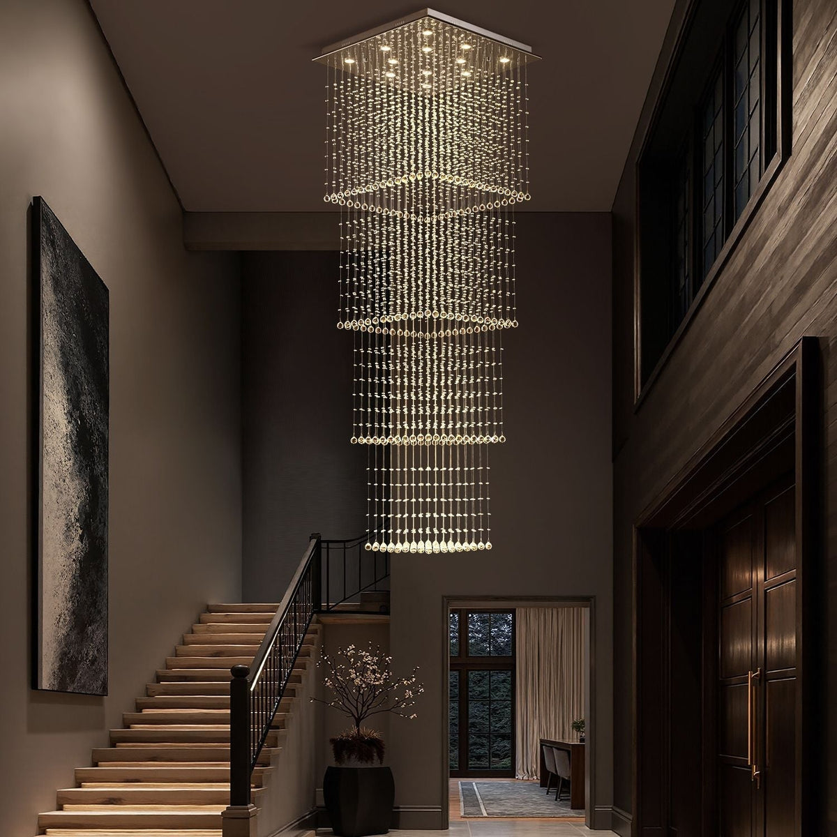 Tiered Raindrop Chandelier for High Ceilings | Stainless Steel Square Frame | GU10 LED Foyer Staircase Lighting | Chrome Finish Multi-Level | Thomler