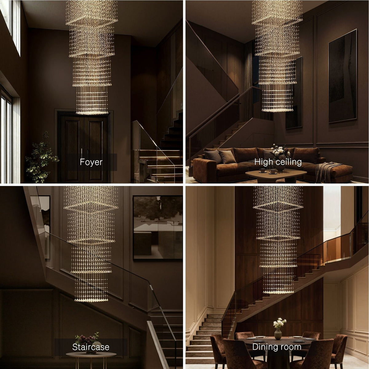 Tiered Raindrop Chandelier for High Ceilings | Stainless Steel Square Frame | GU10 LED Foyer Staircase Lighting | Chrome Finish Multi-Level | Thomler