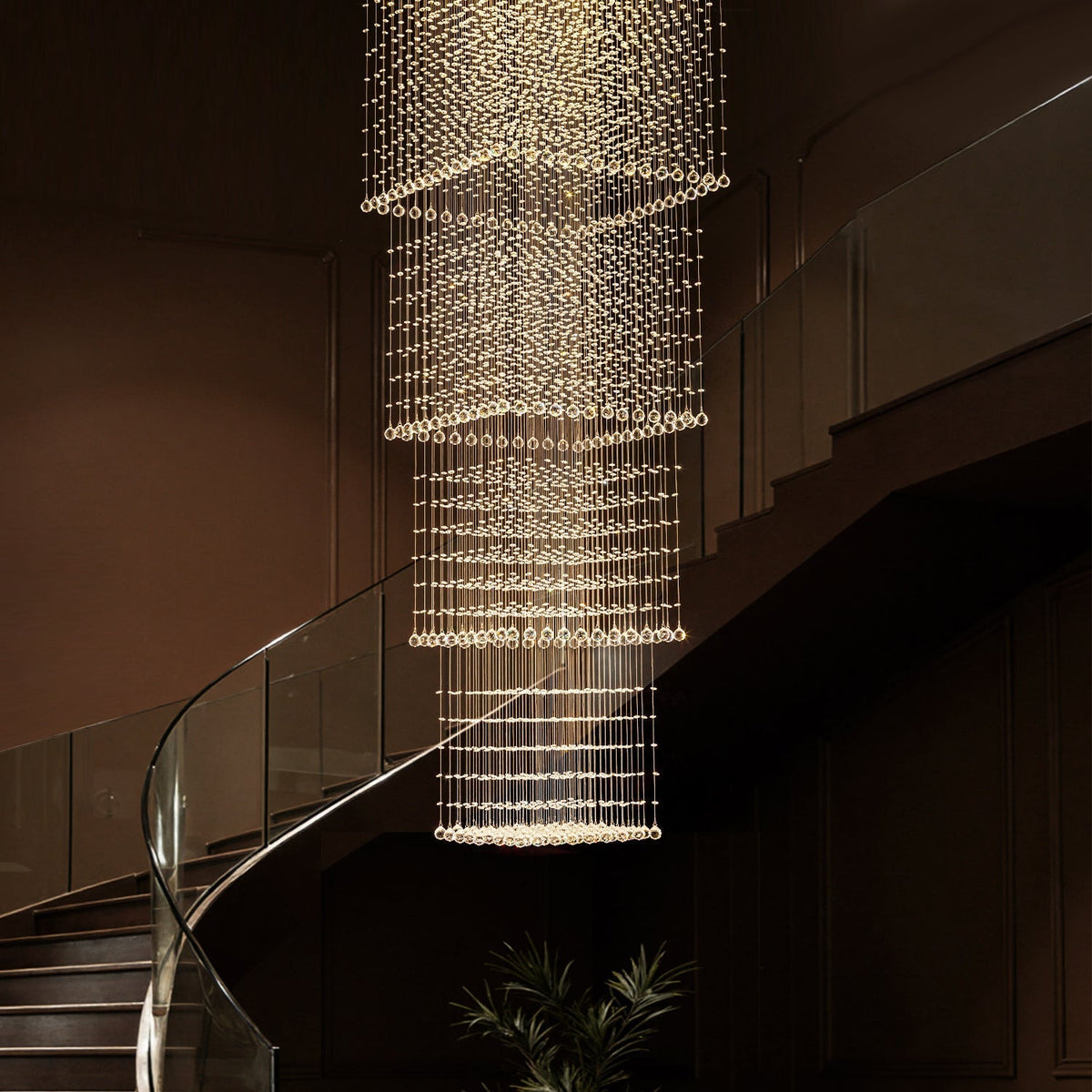 Tiered Raindrop Chandelier for High Ceilings | Stainless Steel Square Frame | GU10 LED Foyer Staircase Lighting | Chrome Finish Multi-Level | Thomler