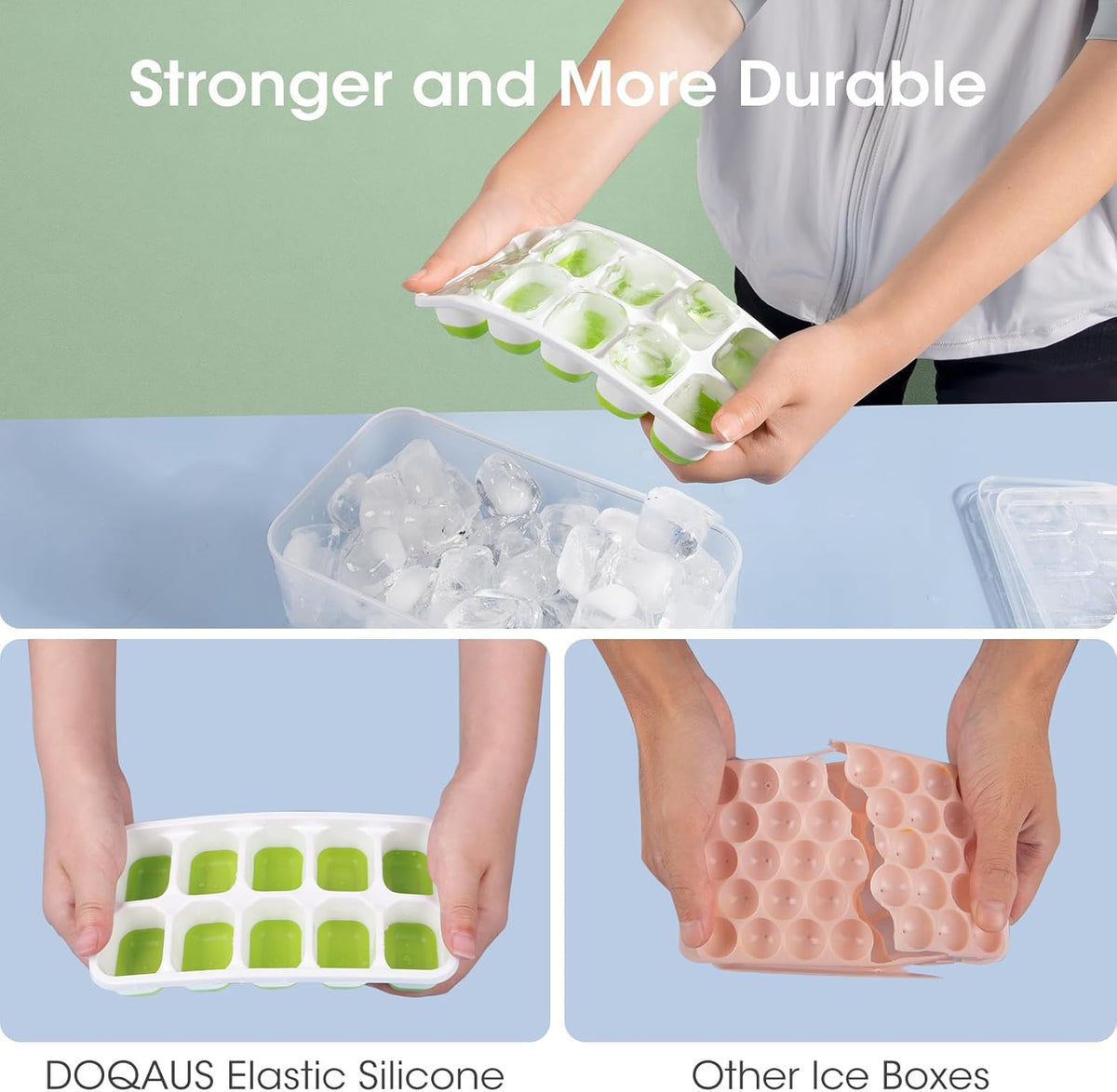 Flexible Eiswürfelformen aus Silikon mit Deckel und Aufbewahrungsbehälter zur platzsparenden Organisation im Gefrierschrank