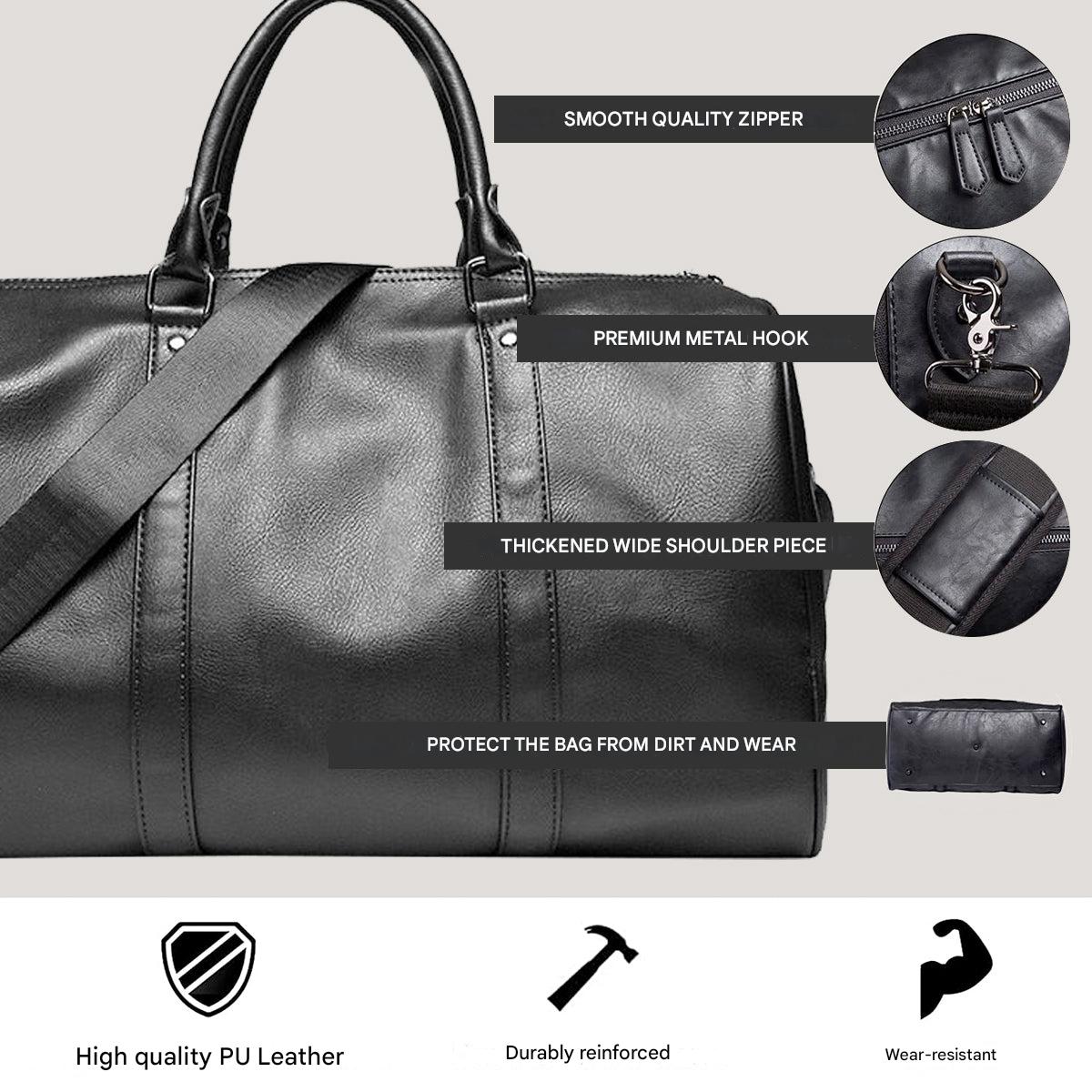 Weekender Overnight Bag in Vegan Leather – Roomy Interior with Shoulder Strap & Padded Grips for Airport Travel