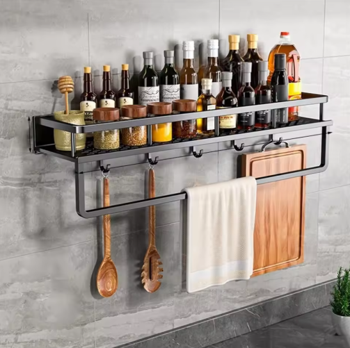 Metal Wall Shelf Organizer with Hooks Black 20 inch for Spices Utensils Towels Kitchen Storage Rack Countertop Space Saver | Thomler