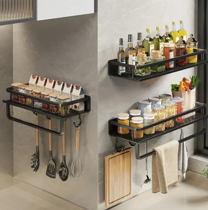 Metal Wall Shelf Organizer with Hooks Black 20 inch for Spices Utensils Towels Kitchen Storage Rack Countertop Space Saver | Thomler
