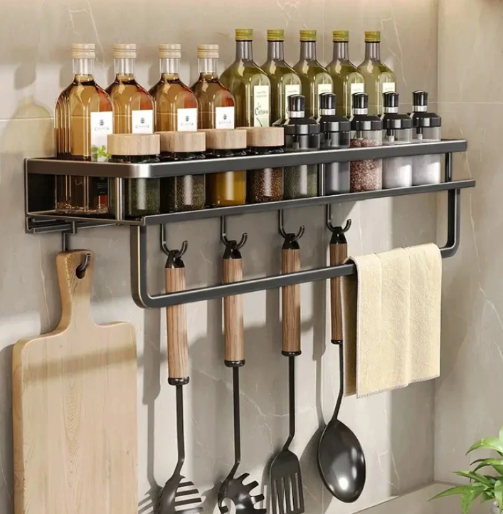 Metal Wall Shelf Organizer with Hooks Black 20 inch for Spices Utensils Towels Kitchen Storage Rack Countertop Space Saver | Thomler