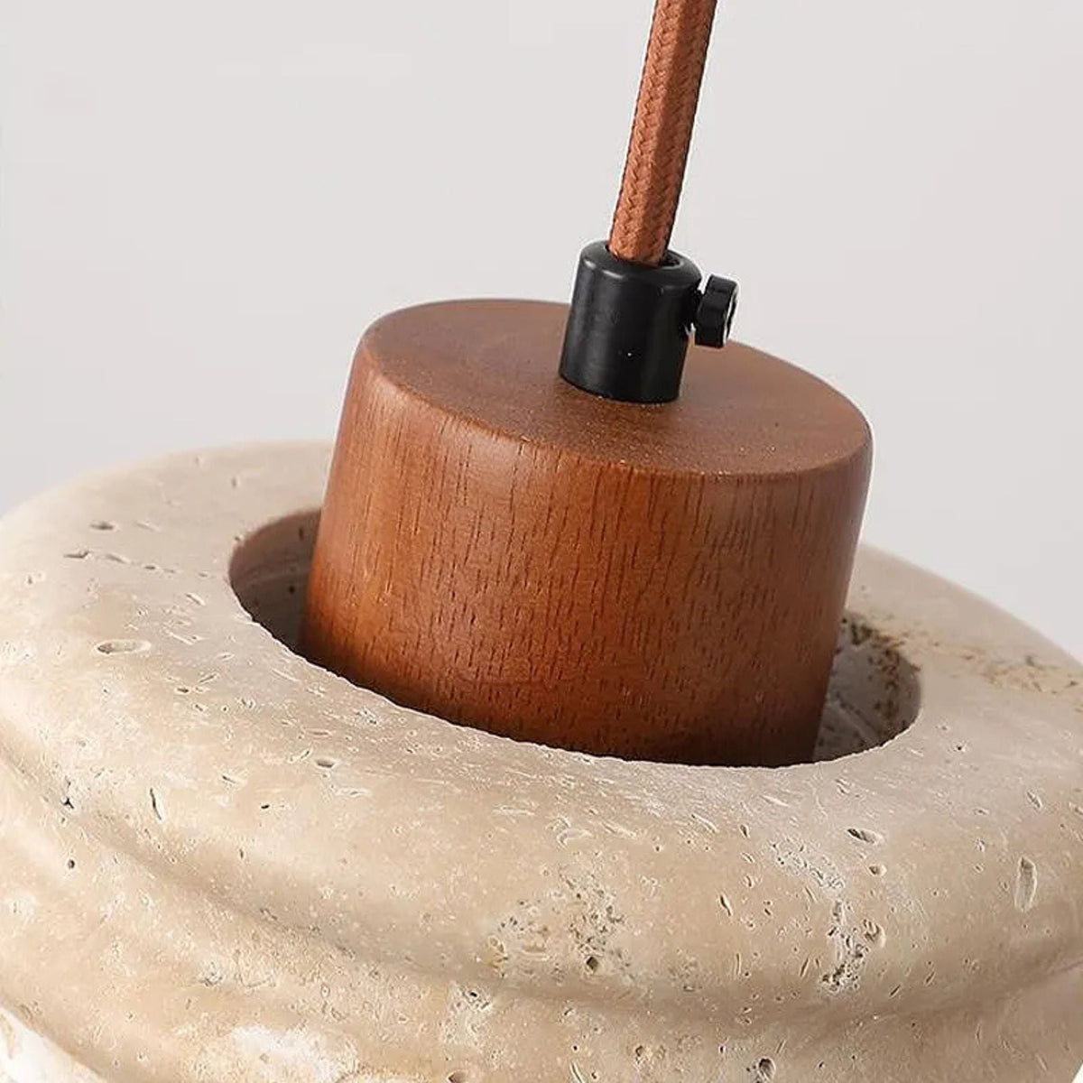 Natural Stone Drop Ceiling Fixture | Textured Travertine Wood Accent Light for Dining Table Kitchen Counter | Adjustable Height E27 Socket | Thomler