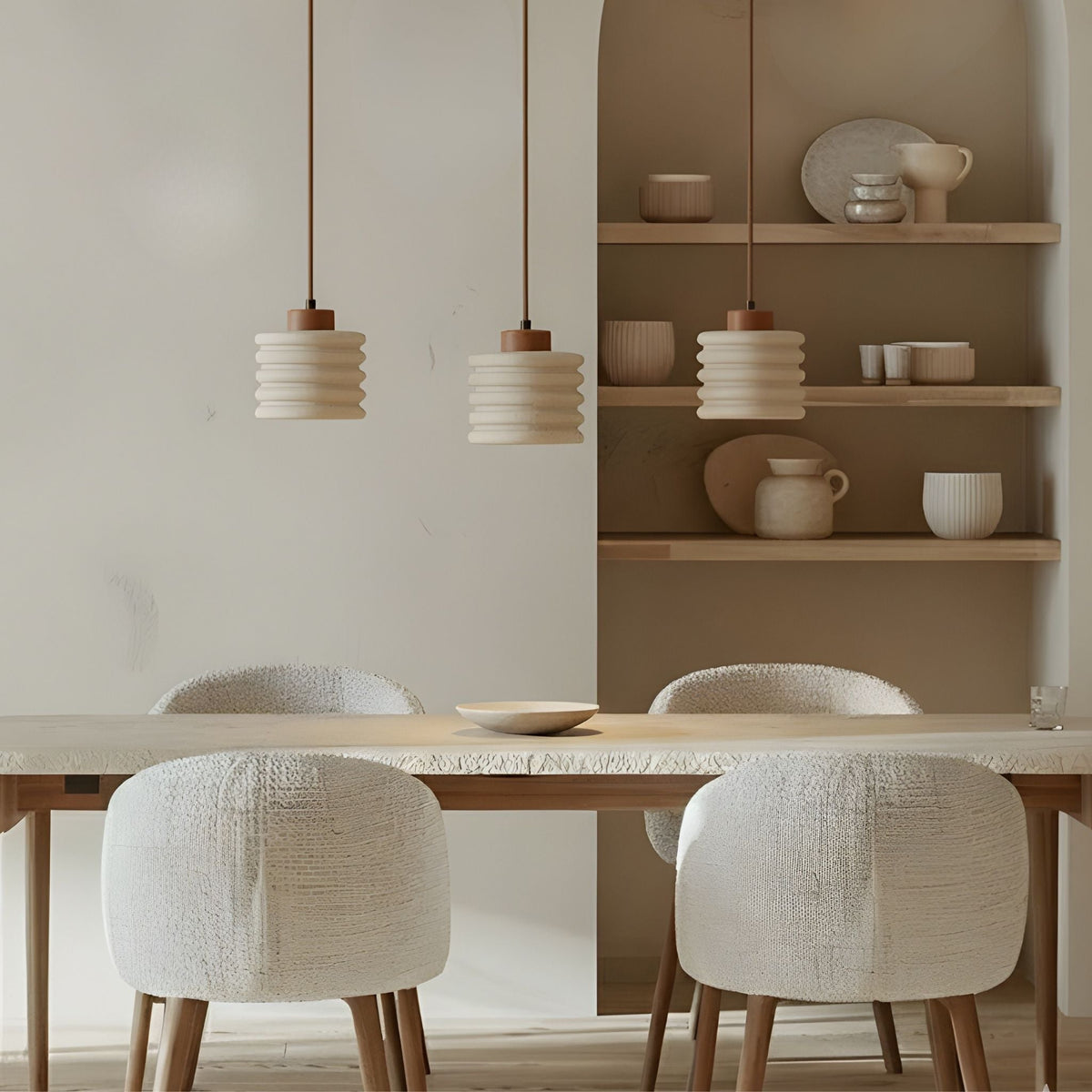 Natural Stone Drop Ceiling Fixture | Textured Travertine Wood Accent Light for Dining Table Kitchen Counter | Adjustable Height E27 Socket | Thomler