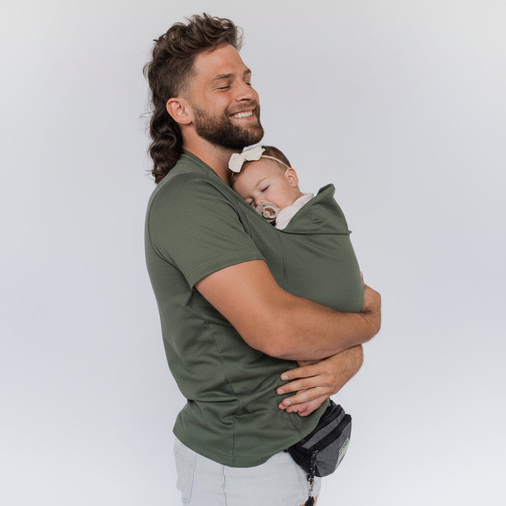 Camiseta de porteo con bolsillo integrado y algodón elástico, lavable a máquina