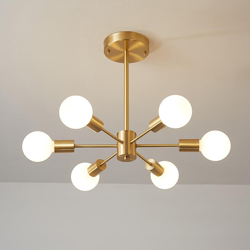 Lámpara de araña Sputnik de latón de seis brazos, 17 pulgadas de ancho, luz colgante de mediados de siglo para comedor, sala de estar, lámpara de techo cableada, moderna y regulable | Thomler