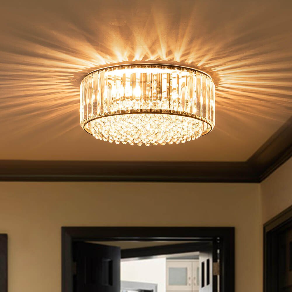 Flush Mount Light Fixture Crystal Accents 3-Bulb Dimmable 14 in Diameter Low Profile for Bedroom Hallway Entry Modern Overhead Lighting Meta | Thomler