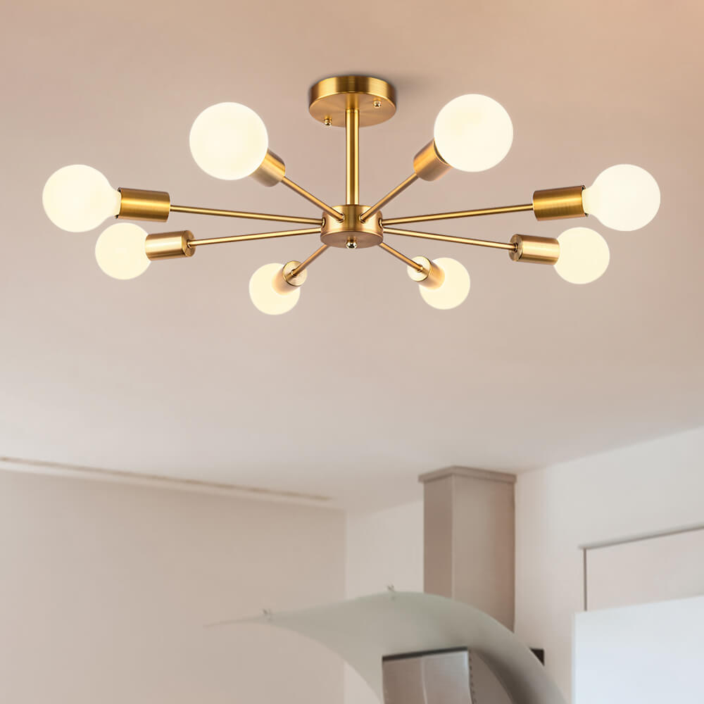 Eight-Arm Metal Pendant Light 24 in Black Brass Chrome Nickel Multi-Bulb Semi-Flush Fixture for Dining Room Kitchen Living Room Contemporary | Thomler