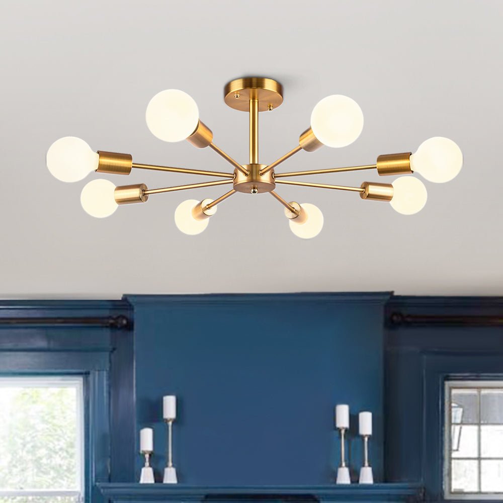 Eight-Arm Metal Pendant Light 24 in Black Brass Chrome Nickel Multi-Bulb Semi-Flush Fixture for Dining Room Kitchen Living Room Contemporary | Thomler