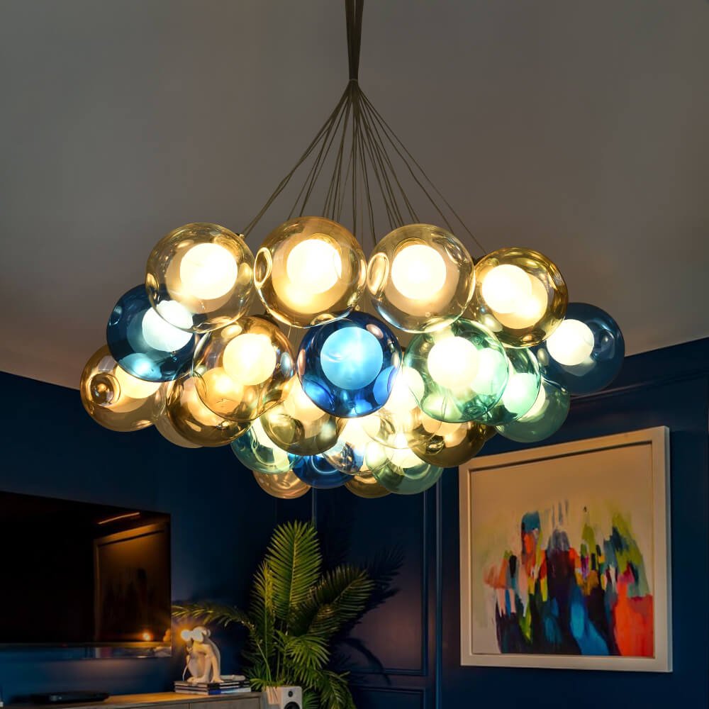 Multicolor Glass Globe Chandelier 20 Inch Cluster Adjustable Height Ceiling Light for Kitchen Dining Room Living Room Statement Lighting Fix | Thomler