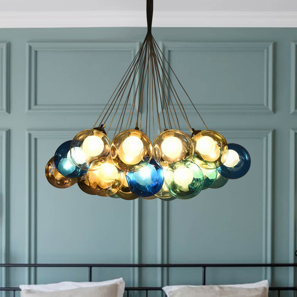 Multicolor Glass Globe Chandelier 20 Inch Cluster Adjustable Height Ceiling Light for Kitchen Dining Room Living Room Statement Lighting Fix | Thomler