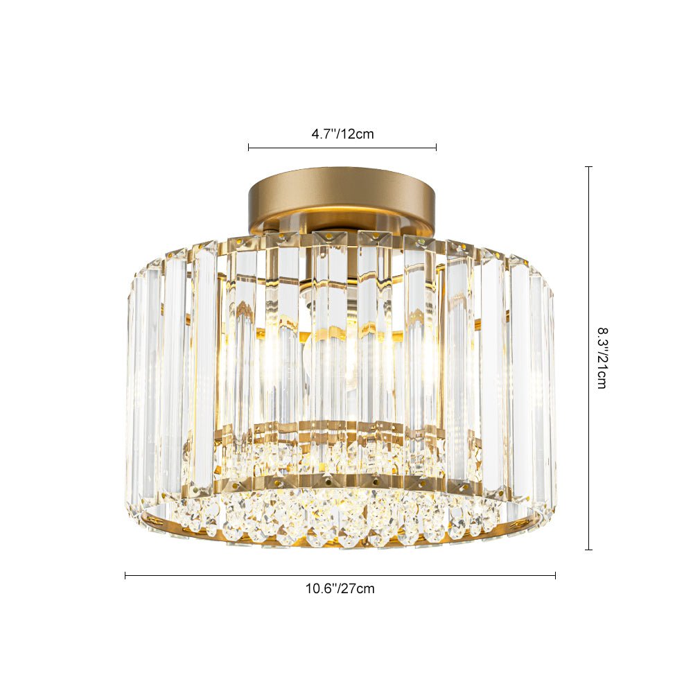 Flush Mount Crystal Fixture with Brass Tone – Dimmable Overhead Light for Entryways, Compact Rooms & Hallways – 10.6 in × 8.3 in Drum Design | Thomler