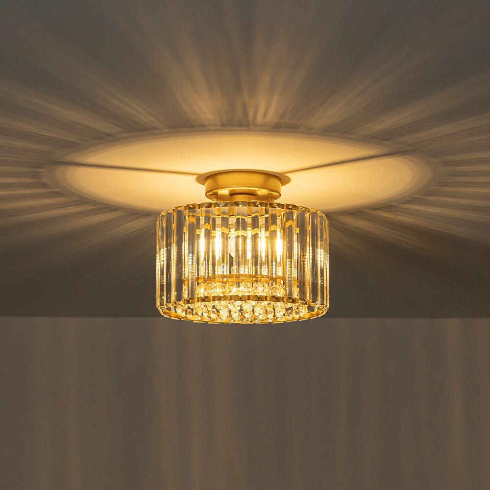 Flush Mount Crystal Fixture with Brass Tone – Dimmable Overhead Light for Entryways, Compact Rooms & Hallways – 10.6 in × 8.3 in Drum Design | Thomler