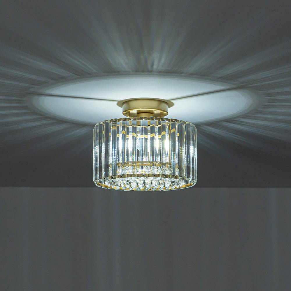 Flush Mount Crystal Fixture with Brass Tone – Dimmable Overhead Light for Entryways, Compact Rooms & Hallways – 10.6 in × 8.3 in Drum Design | Thomler