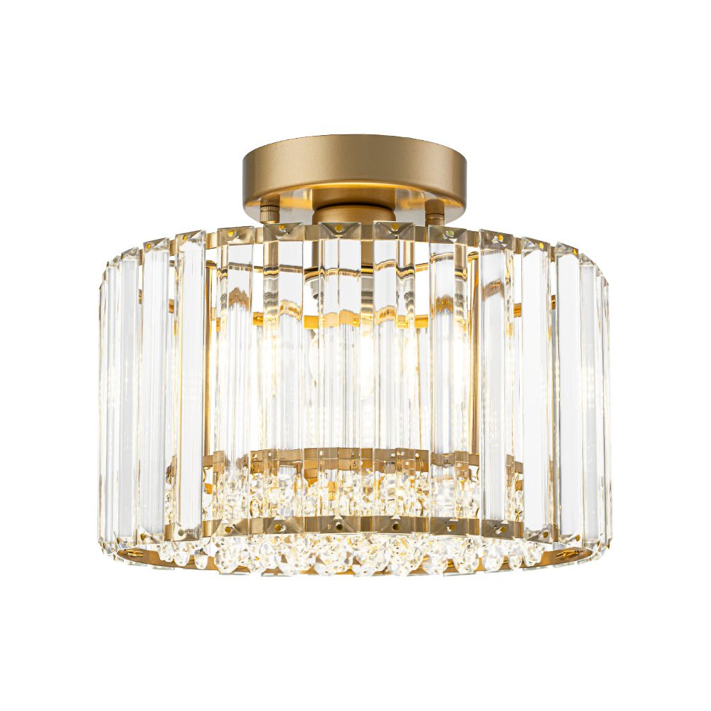 Flush Mount Crystal Fixture with Brass Tone – Dimmable Overhead Light for Entryways, Compact Rooms & Hallways – 10.6 in × 8.3 in Drum Design | Thomler