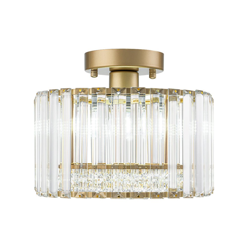Flush Mount Crystal Fixture with Brass Tone – Dimmable Overhead Light for Entryways, Compact Rooms & Hallways – 10.6 in × 8.3 in Drum Design | Thomler