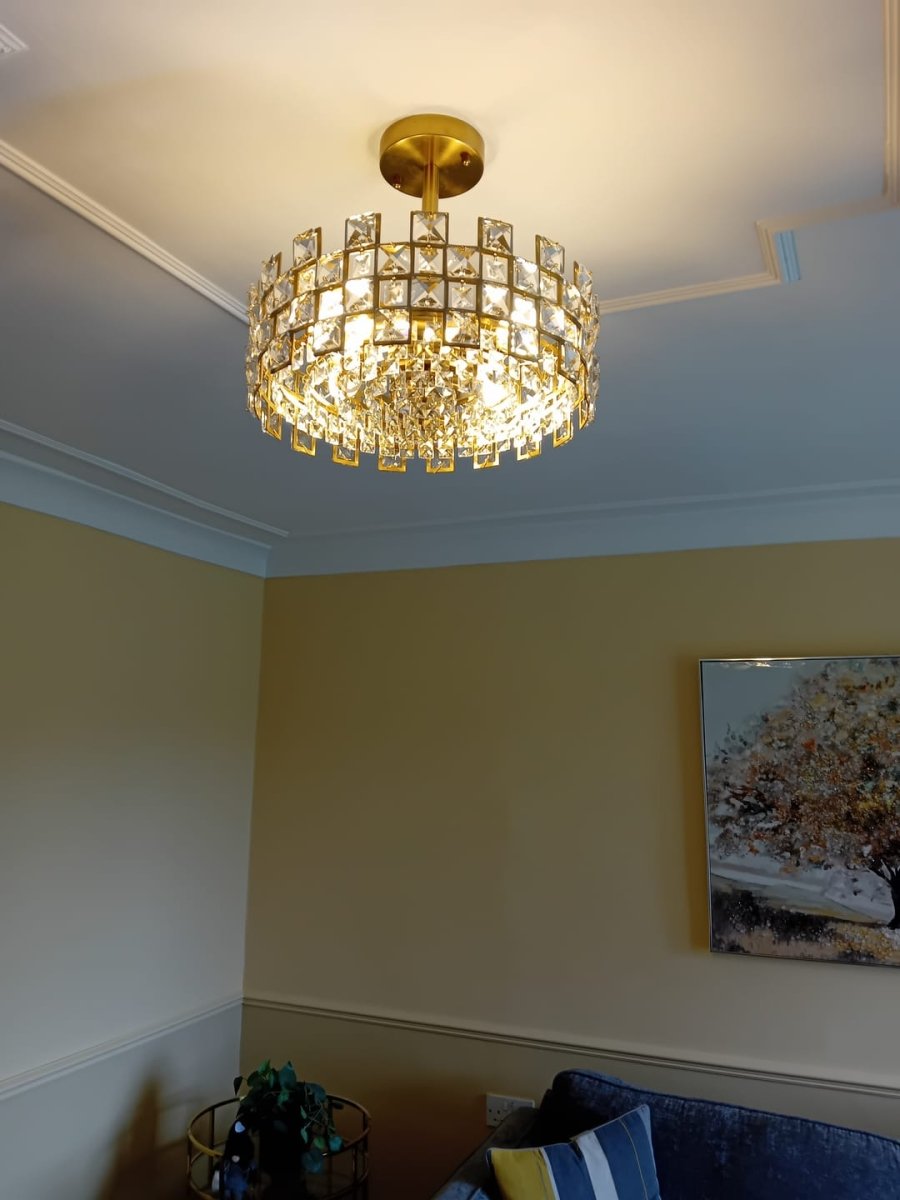 Semi-Flush Crystal Drum Light 15 Inch Dimmable Chrome Brass Metal Glass for Bedroom Living Room Dining Room Hallway Entry Foyer Modern Glam | Thomler