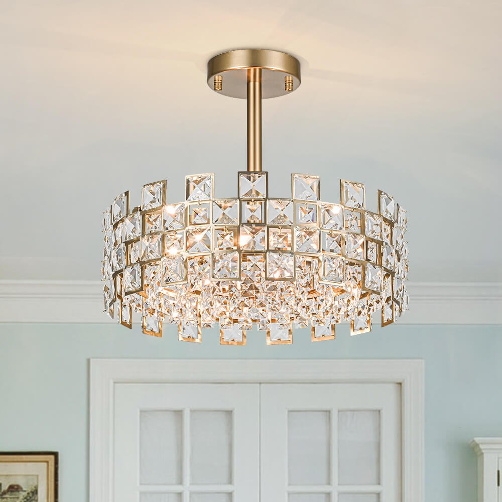 Semi-Flush Crystal Drum Light 15 Inch Dimmable Chrome Brass Metal Glass for Bedroom Living Room Dining Room Hallway Entry Foyer Modern Glam | Thomler