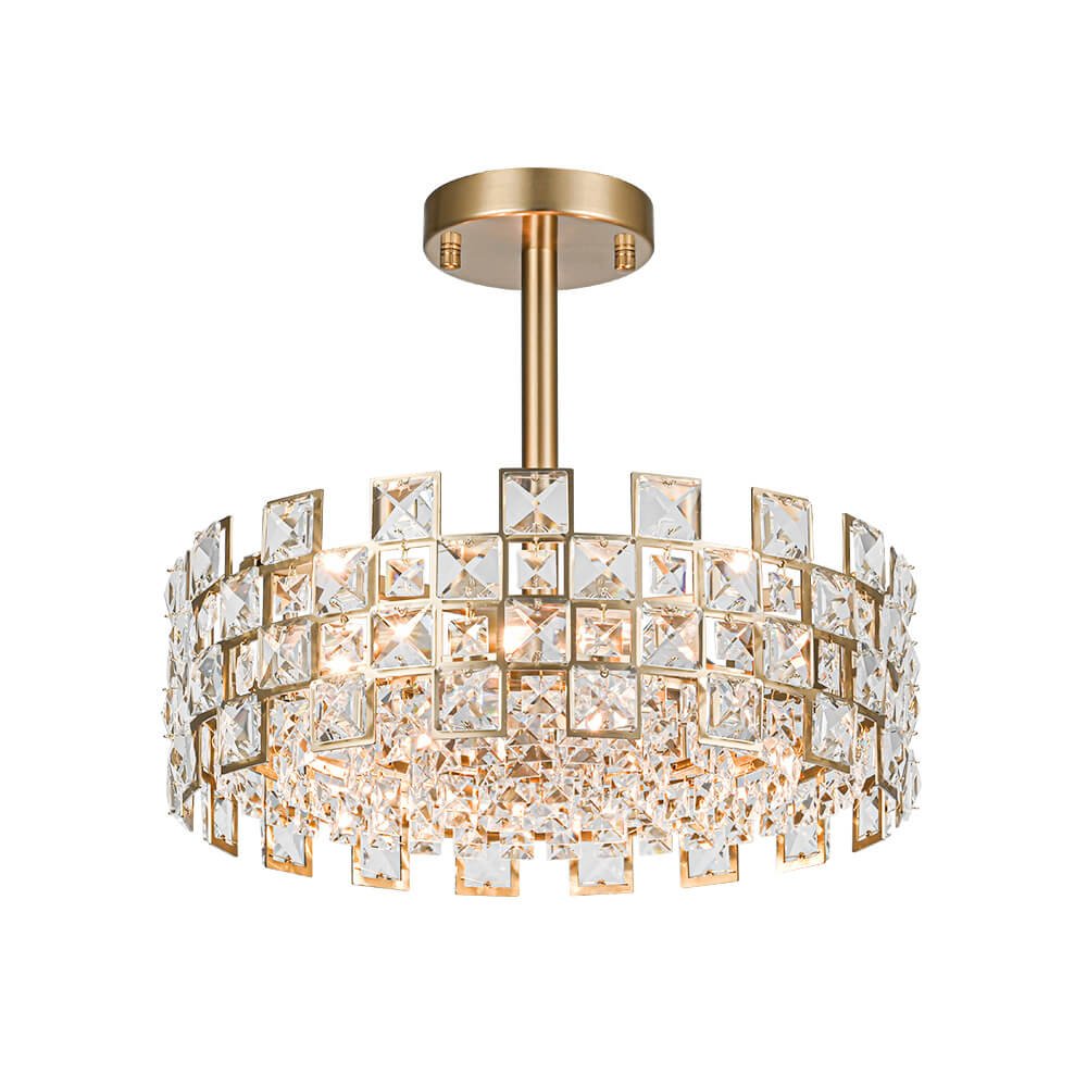 Semi-Flush Crystal Drum Light 15 Inch Dimmable Chrome Brass Metal Glass for Bedroom Living Room Dining Room Hallway Entry Foyer Modern Glam | Thomler