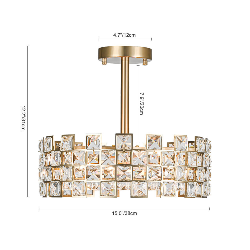 Semi-Flush Crystal Drum Light 15 Inch Dimmable Chrome Brass Metal Glass for Bedroom Living Room Dining Room Hallway Entry Foyer Modern Glam | Thomler