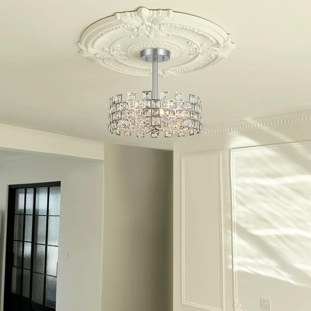 Semi-Flush Crystal Drum Light 15 Inch Dimmable Chrome Brass Metal Glass for Bedroom Living Room Dining Room Hallway Entry Foyer Modern Glam | Thomler