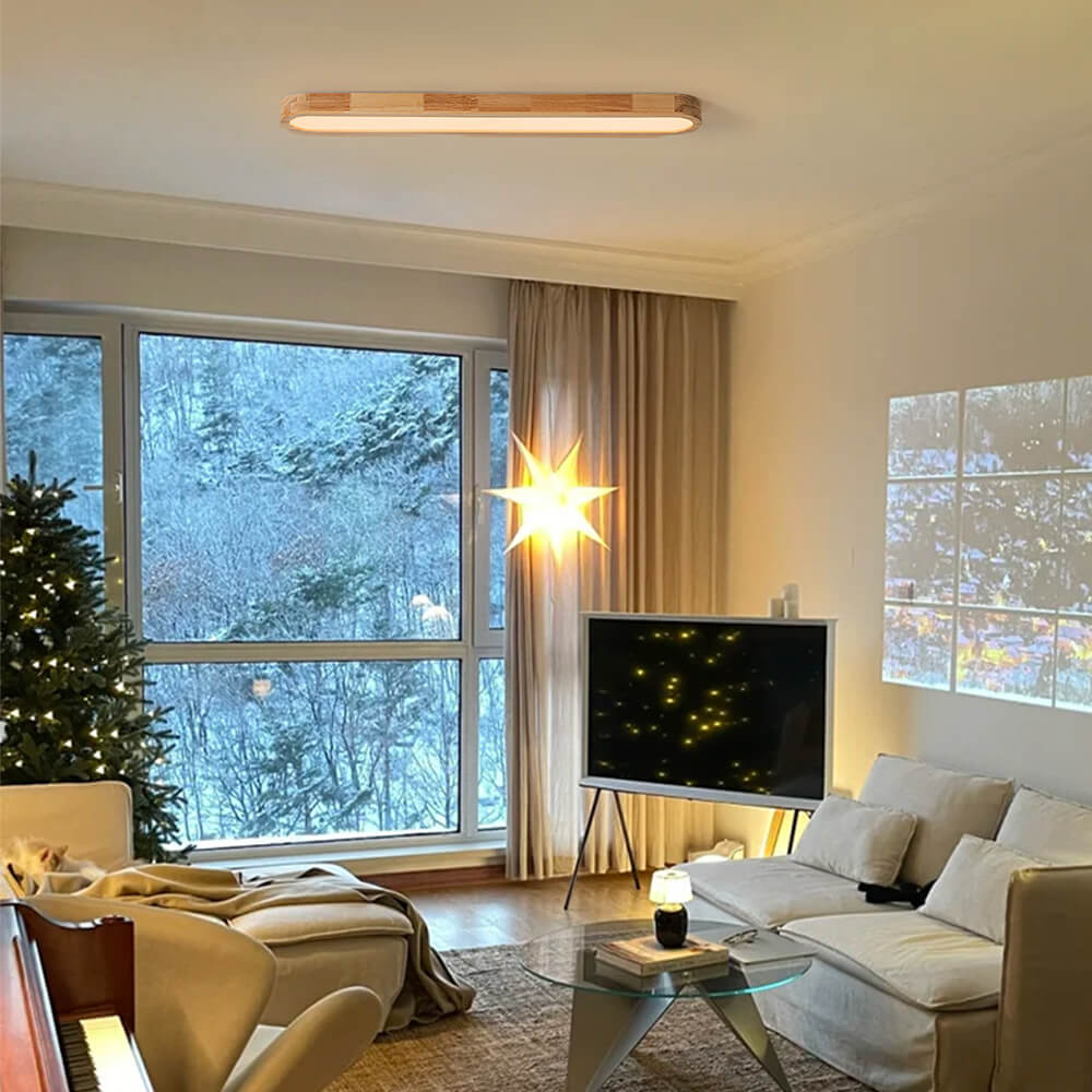 Oval LED Flush Mount Ceiling Light with Wood-Look Frame 37 in Dimmable Kitchen & Living Room Remote Fixture | Thomler
