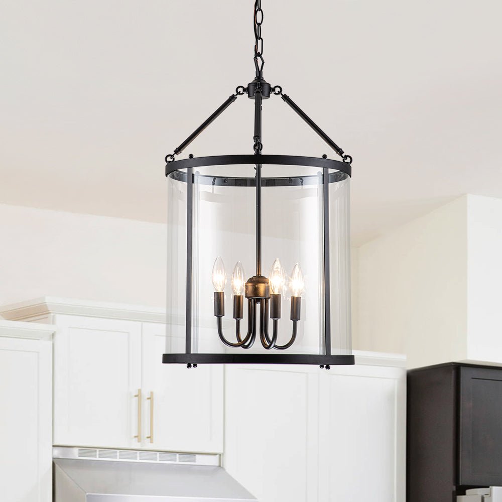 Glass Lantern Pendant Light 18-Inch Cylinder 4-Bulb Fixture Adjustable Chain Dining Table Kitchen Island Foyer Hanging Lamp E14 Socket Dimma | Thomler