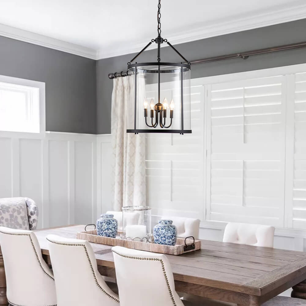 Glass Lantern Pendant Light 18-Inch Cylinder 4-Bulb Fixture Adjustable Chain Dining Table Kitchen Island Foyer Hanging Lamp E14 Socket Dimma | Thomler