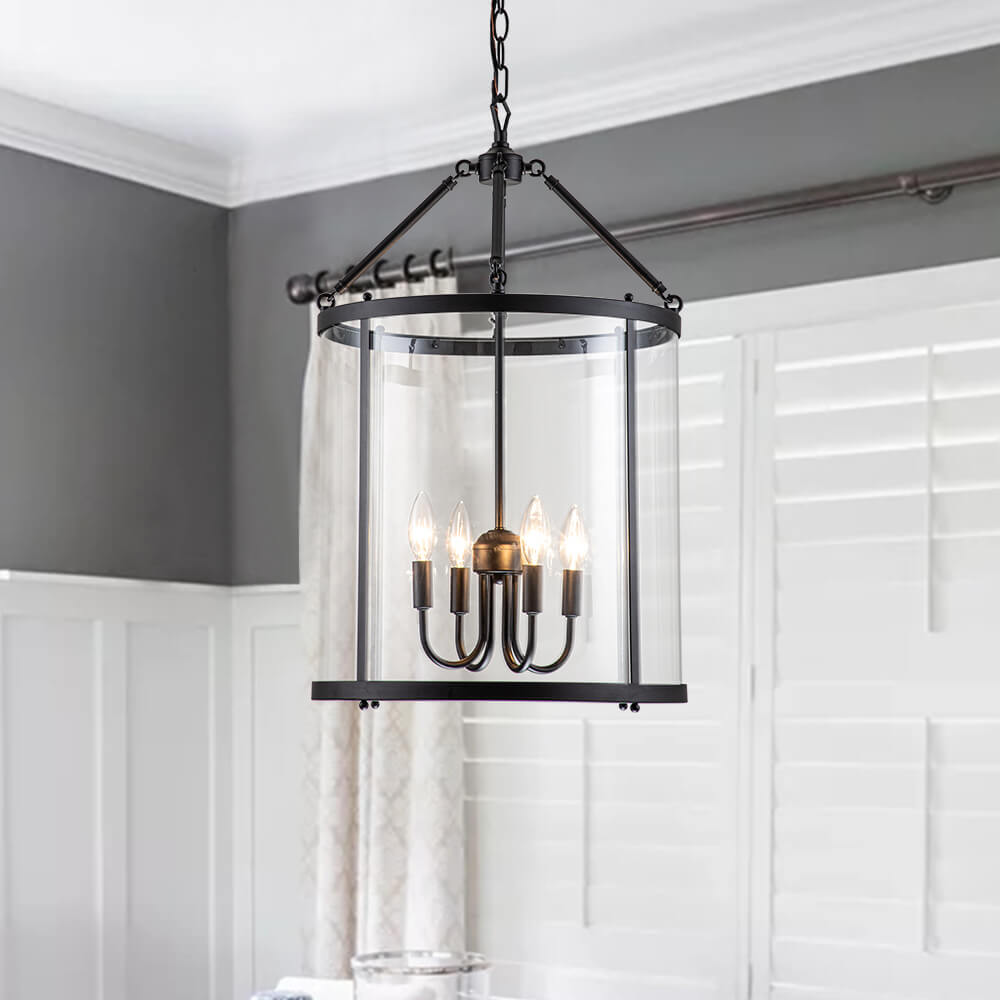 Glass Lantern Pendant Light 18-Inch Cylinder 4-Bulb Fixture Adjustable Chain Dining Table Kitchen Island Foyer Hanging Lamp E14 Socket Dimma | Thomler